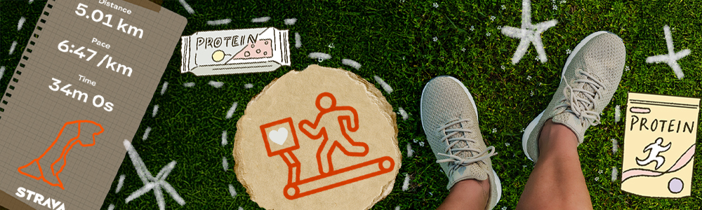 Image of our Green Step ONE trainers, fitness items like protein and running distance